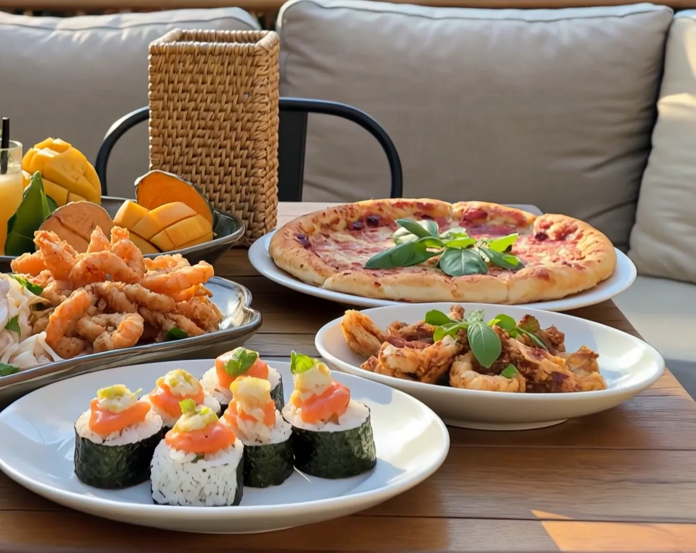 Mesa para compartir con ceviche, makis y pizza