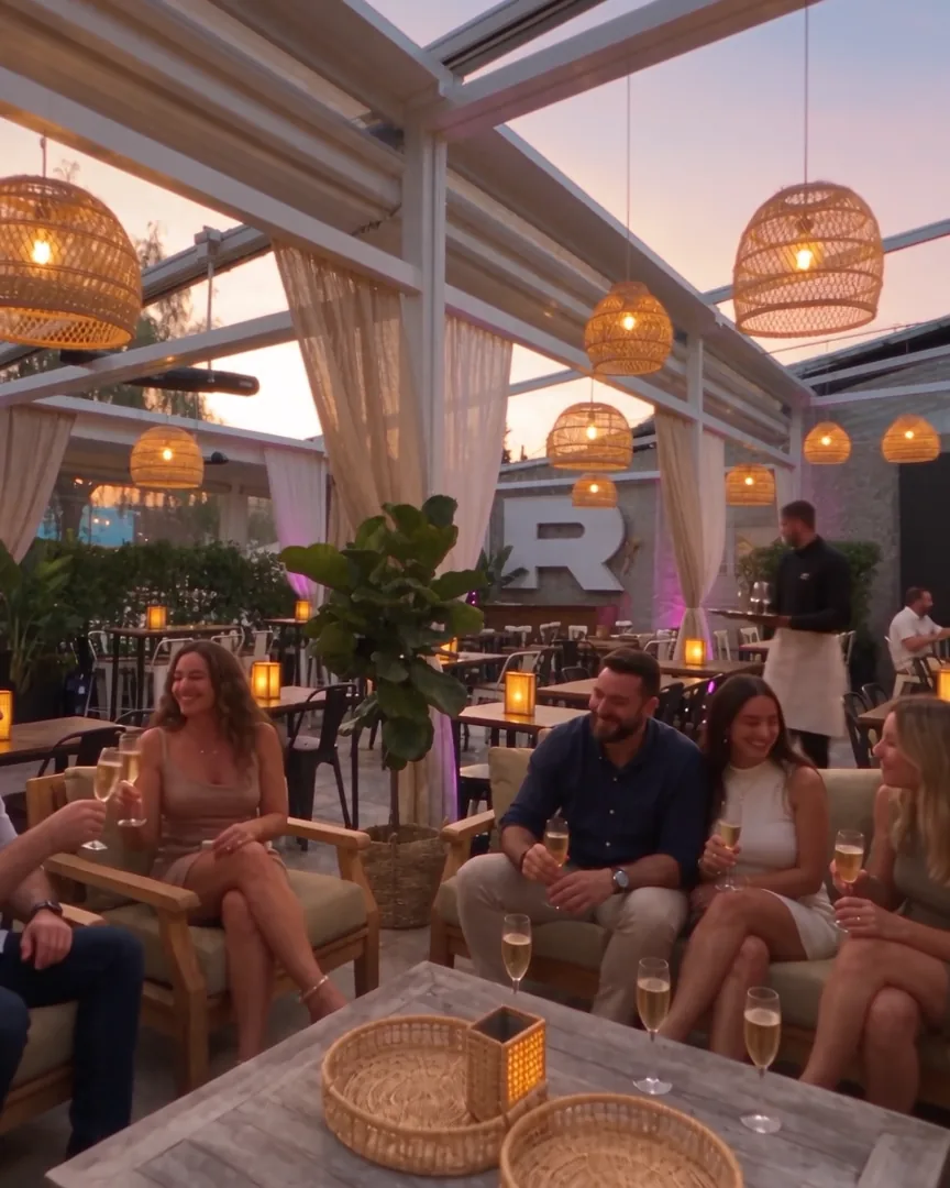 Amigos brindando al atardecer en la terraza de Roatán